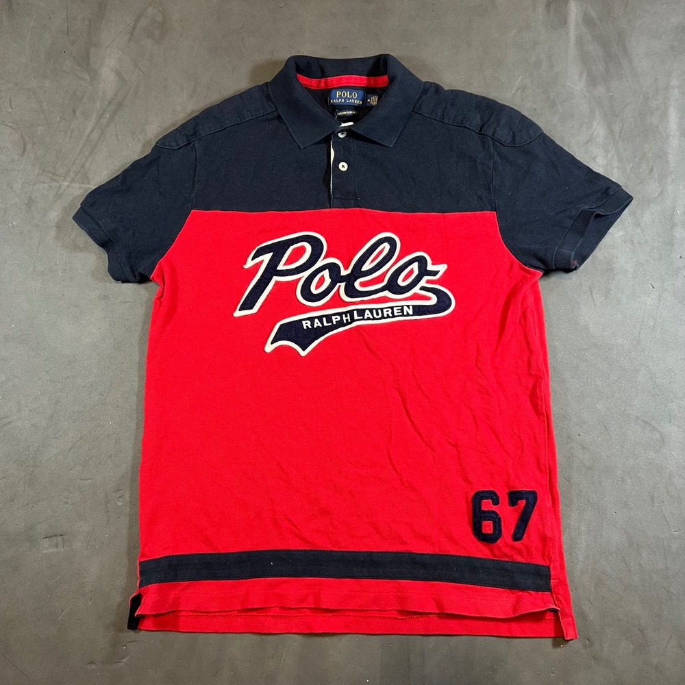 Polo Ralph Lauren Polo Shirt Mens Medium Red Navy Applique Spellout Logo